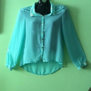 NWOT Turquoise Cheer ButtonDown Blouse Floral Trim